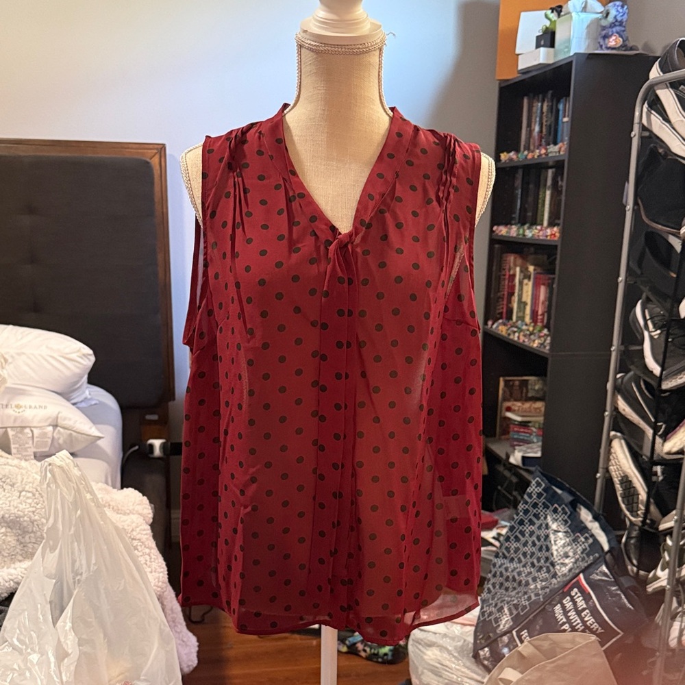 Covington Burgundy Sleeveless Blouse with Black Polka Dots